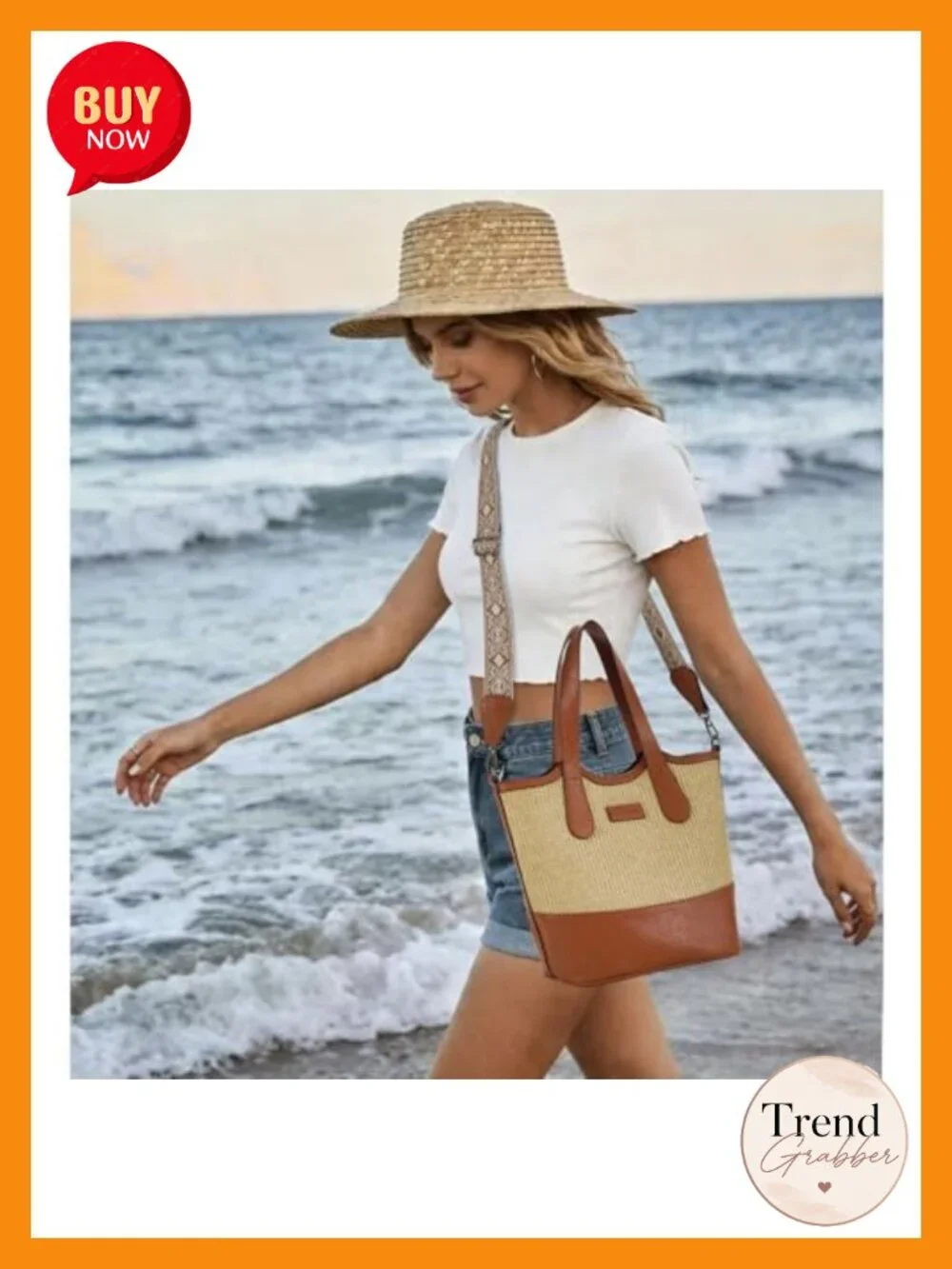 Straw Woven & Vegan Leather Bucket Bag Crossbody Top Handle Tote